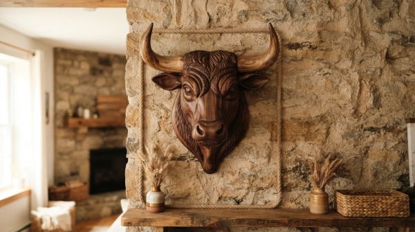 Idées de sculptures murales en bois : tête de taureau décorative